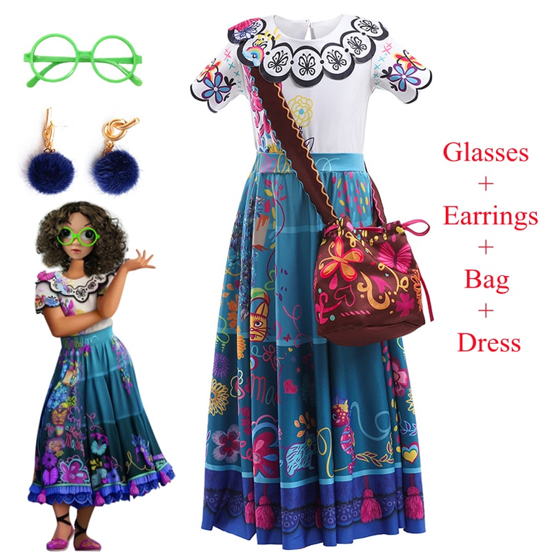 Encanto Madrigal Dress Fancy Dresses Kids Cosplay Costume For Girls Carnival Princess Dress Bag Glasses Earrings Mirabel Costume