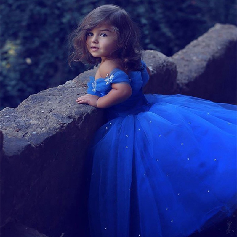 Temperament Off Shoulder Kids Blue Beading Noble Puffy Flower Girls Birthday Party Dresses for Children 2 to 15 Years Old