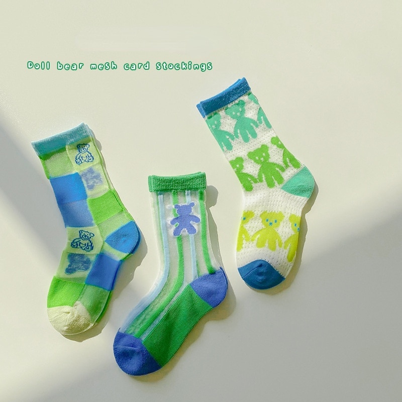 3 pairs of children's socks summer color matching doll bear mesh card stocking cotton breathable children's socks kids