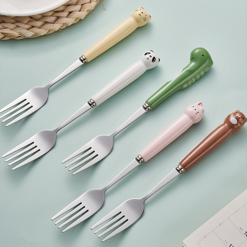 Cartoon Dinosaur Pink Rabbit Baby Spoon Fork Stainless Steel Children's Cutlery Panda Yellow Cat Feeding Spoon Fork Tablewa