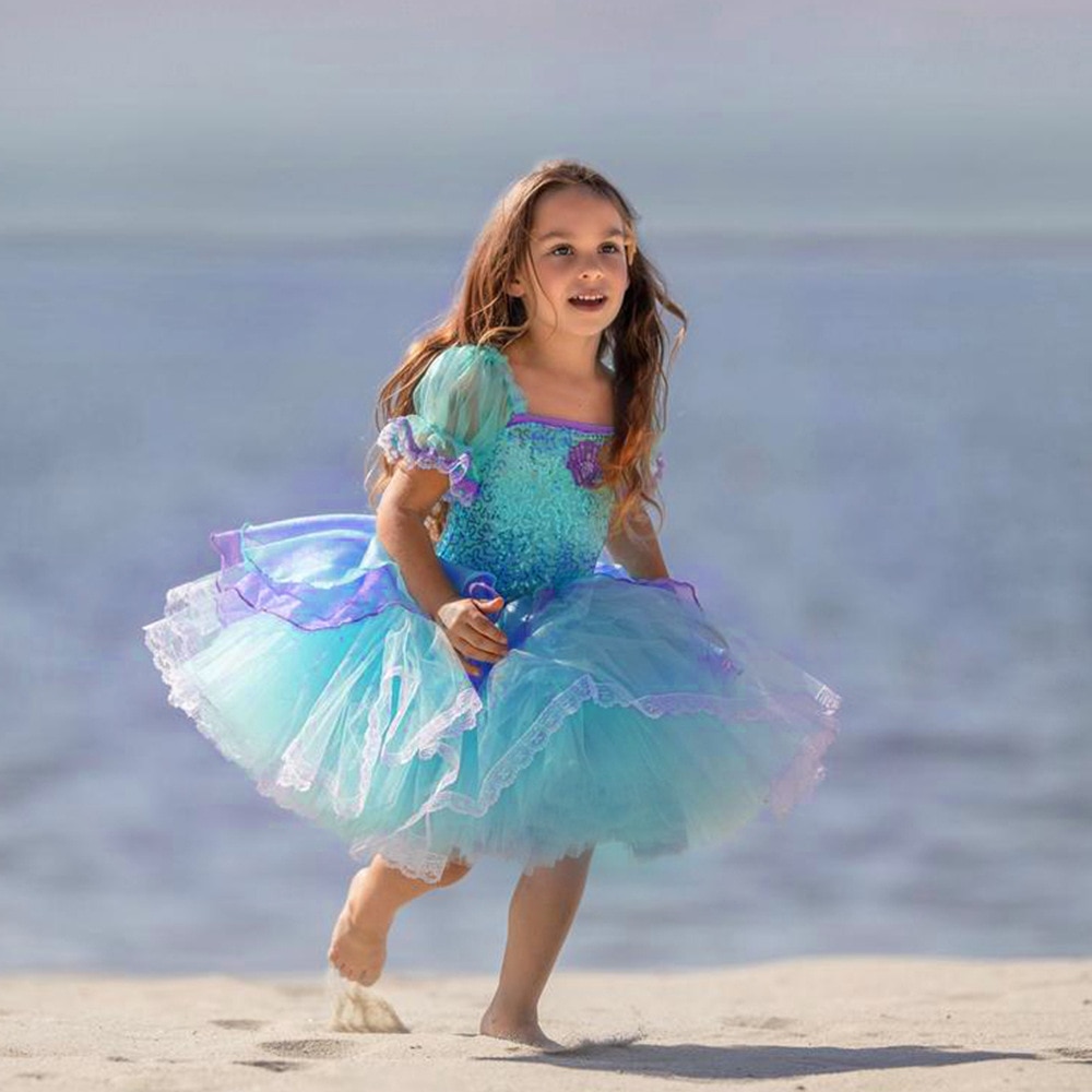 2022 Summer Little Mermaid Kids Tutu Dresses Ariel Costume Green Children Girls Princess Party Sequined COS Wearing