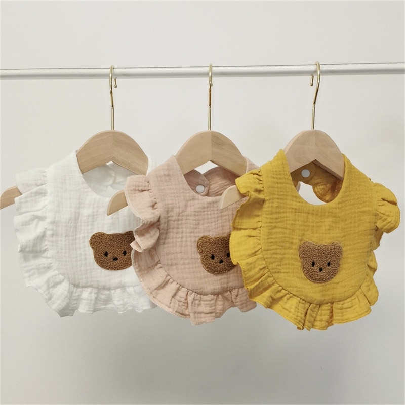 Cartoon Bear Embroidery Infant Baby Cotton Drool Bibs with Snap Button Sweet Ruffled Trim Kids Toddler Feeding Apron Saliva Towe