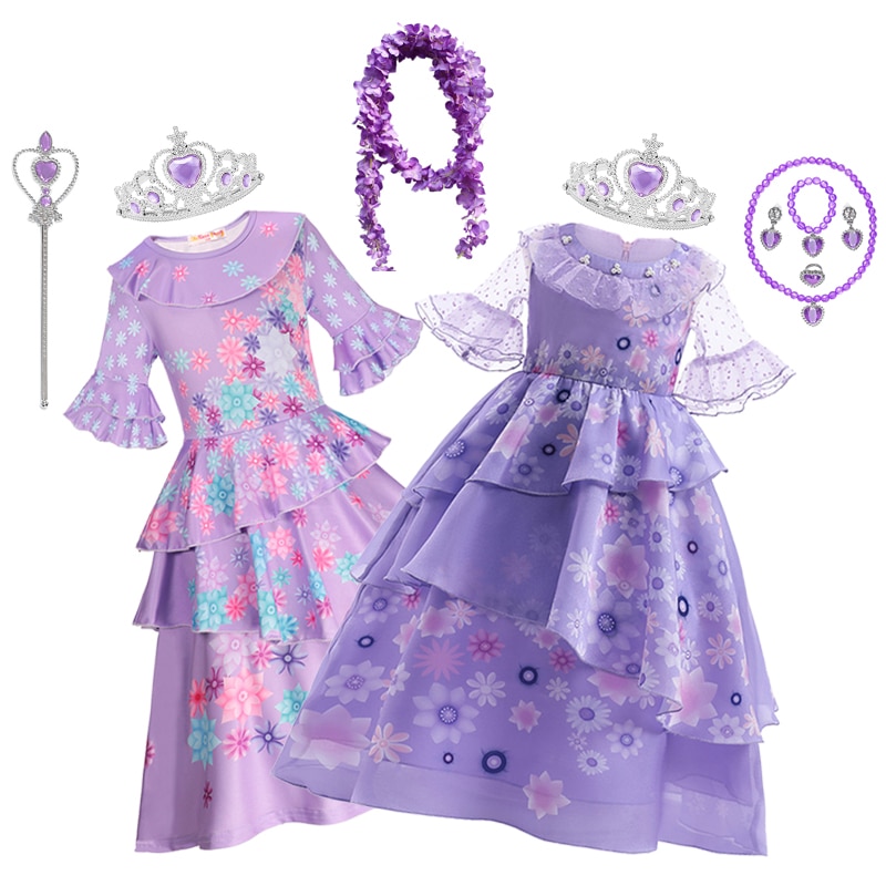 Disney Encanto Isabela Madrigal Costume for Girls Flower Pattern Purple Layered Dress Party Fancy Kids Princess Cosplay Dresses