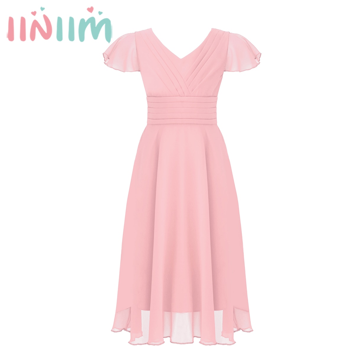 Girls Kid Chiffon Party Dress Short Sleeve V Neck Ruffle Bodice Princess Dress for Pageant Wedding Evening Vestidos Birthday