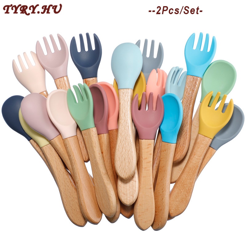 TYRY.HU 2PCS Baby Bamboo Fork Silicone Wooden Baby Feeding Spoon Toddlers Infant Feeding Accessories Organic BPA Free Food Grade