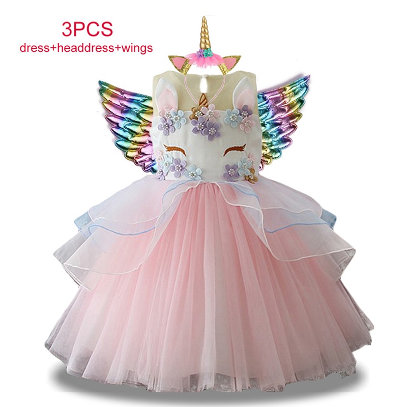 Girls Kids Unicorn Cosplay Dress For Children Rainbow Sleeveless Wedding and Birthday Party Princess Costume Evening Formal Gown