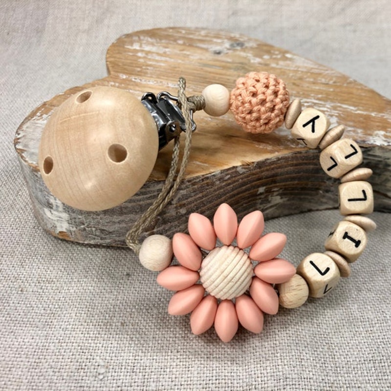 New Personalized Name Handmade Beech Pacifier Clips Holder Chain Silicone Crown Pacifier Chains Baby Teether Teething Chain Gift