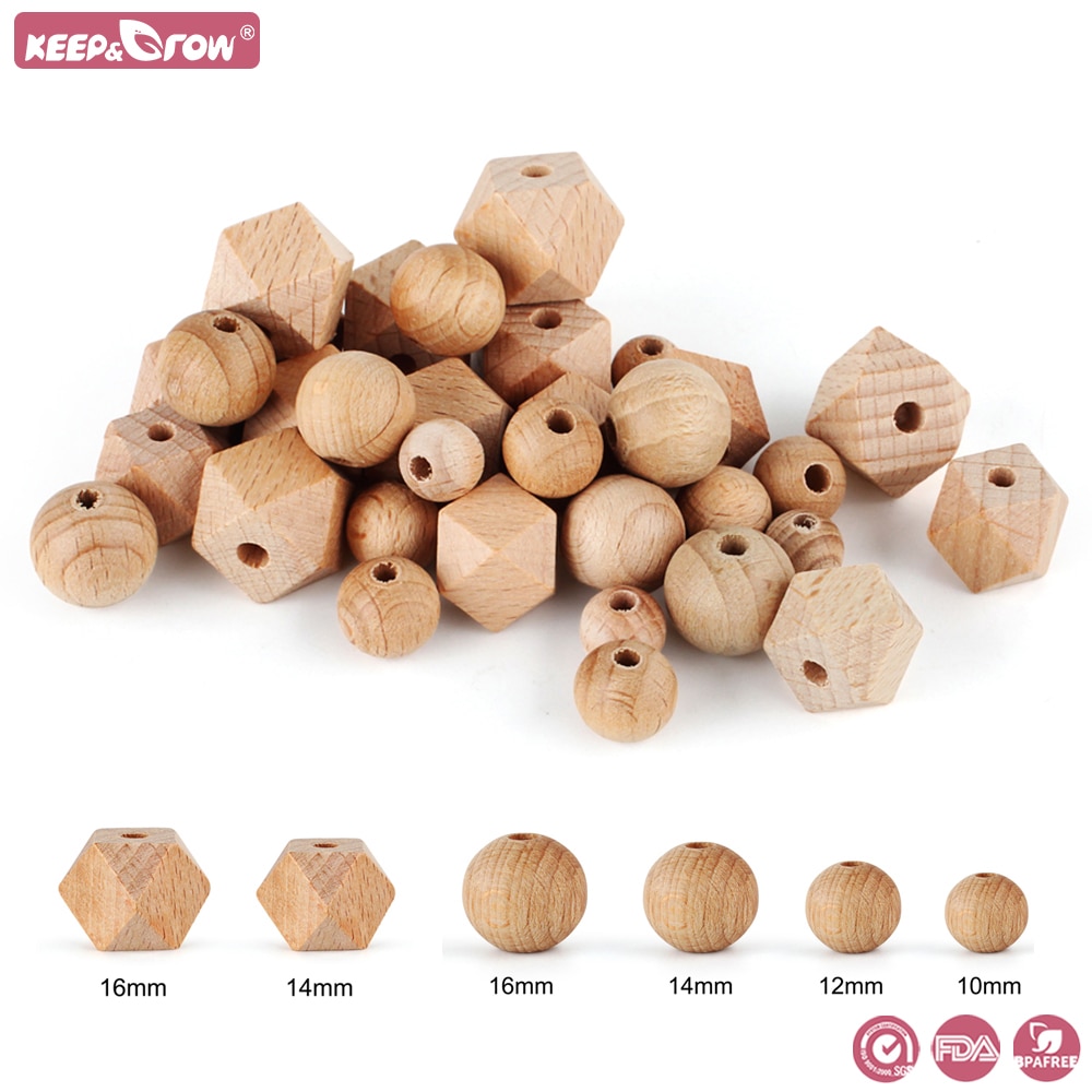 20pcs Beech Wooden Beads Hexagon Bead 10-16mm Wood Round Pearl Beads DIY Baby Pacifier Teething Necklace Natural Beech Bead