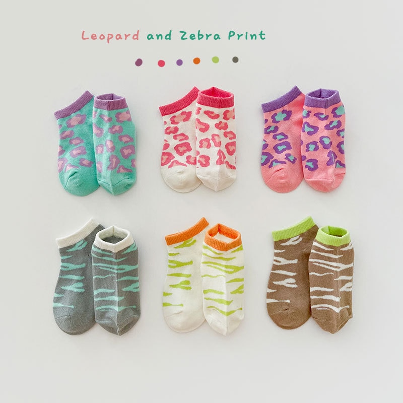 3Pairs Pack 1-8 Year 2022 spring thin leopard print zebra print baby socks boat socks girls socks