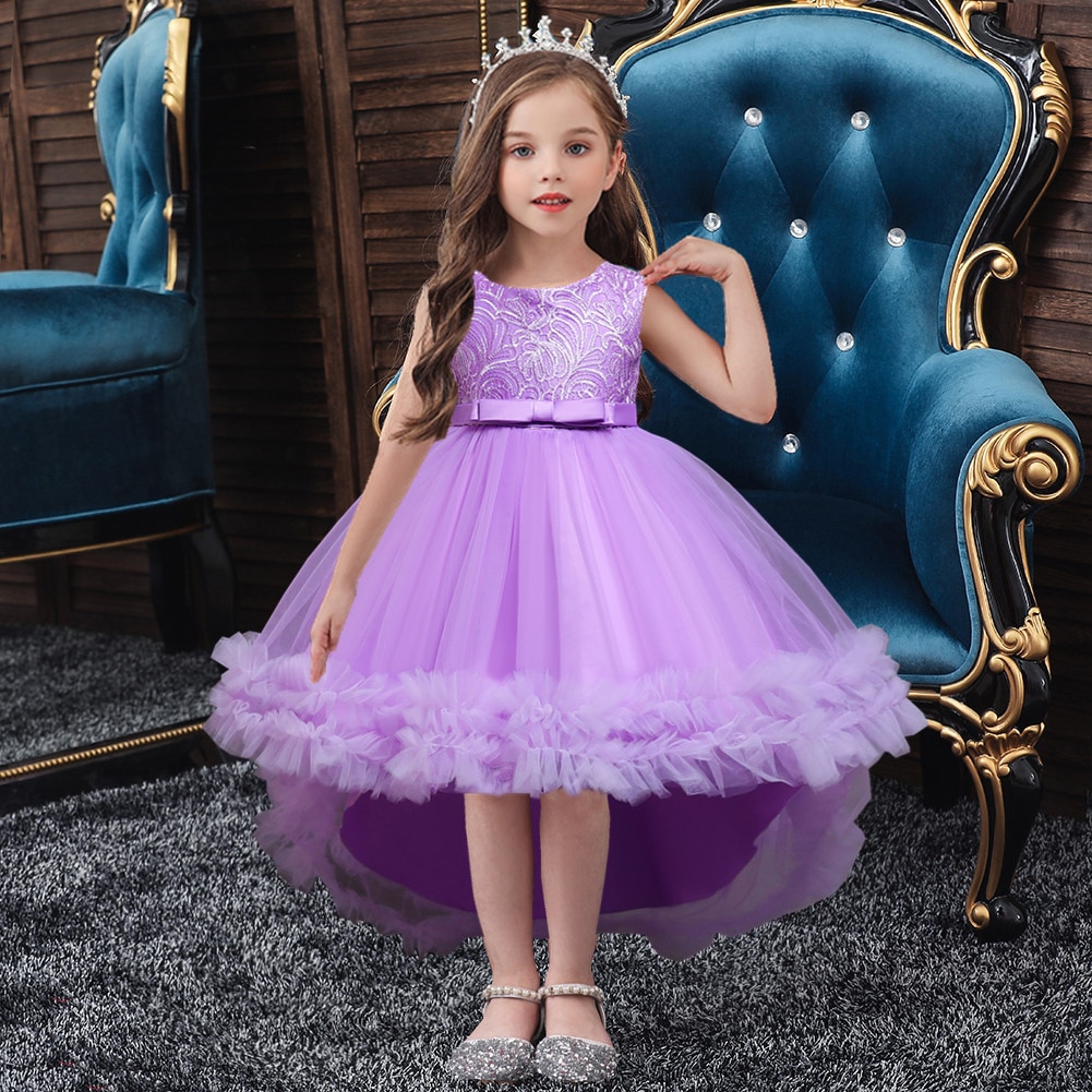 Kids Lace Flower Tuxedo Dress Girls Festive Ball Party Trail Long Dress Wedding Flower Girl Bridesmaid Dress Embroidered Lace Bi