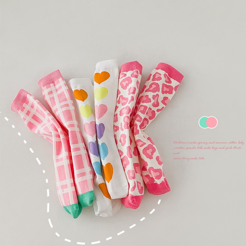 3Pairs Pack 1-8 Year 2022 Spring and Autumn Love Leopard Print Straight Socks No Heel Cute Girls Socks
