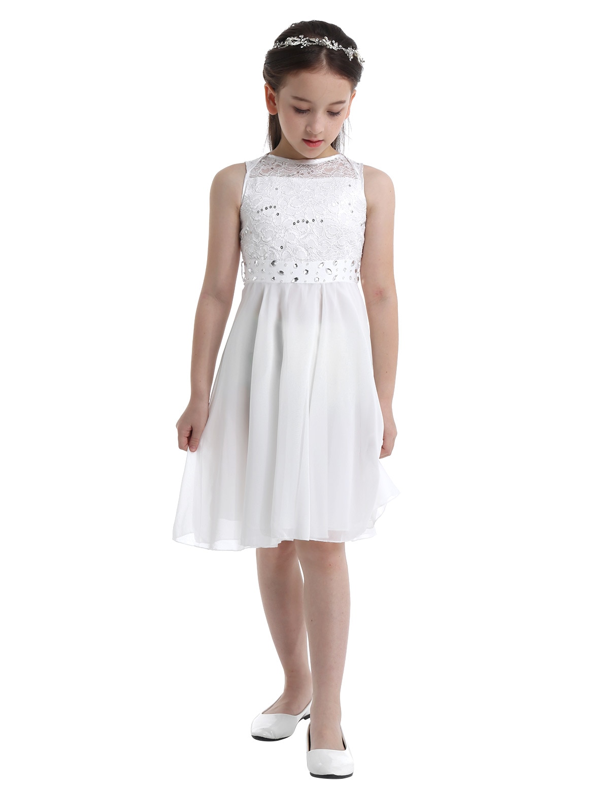 Girls Sequined Lace Chiffon Sleeveless Flower Girl Dress Princess Pageant Wedding Bridesmaid Birthday Party Dress