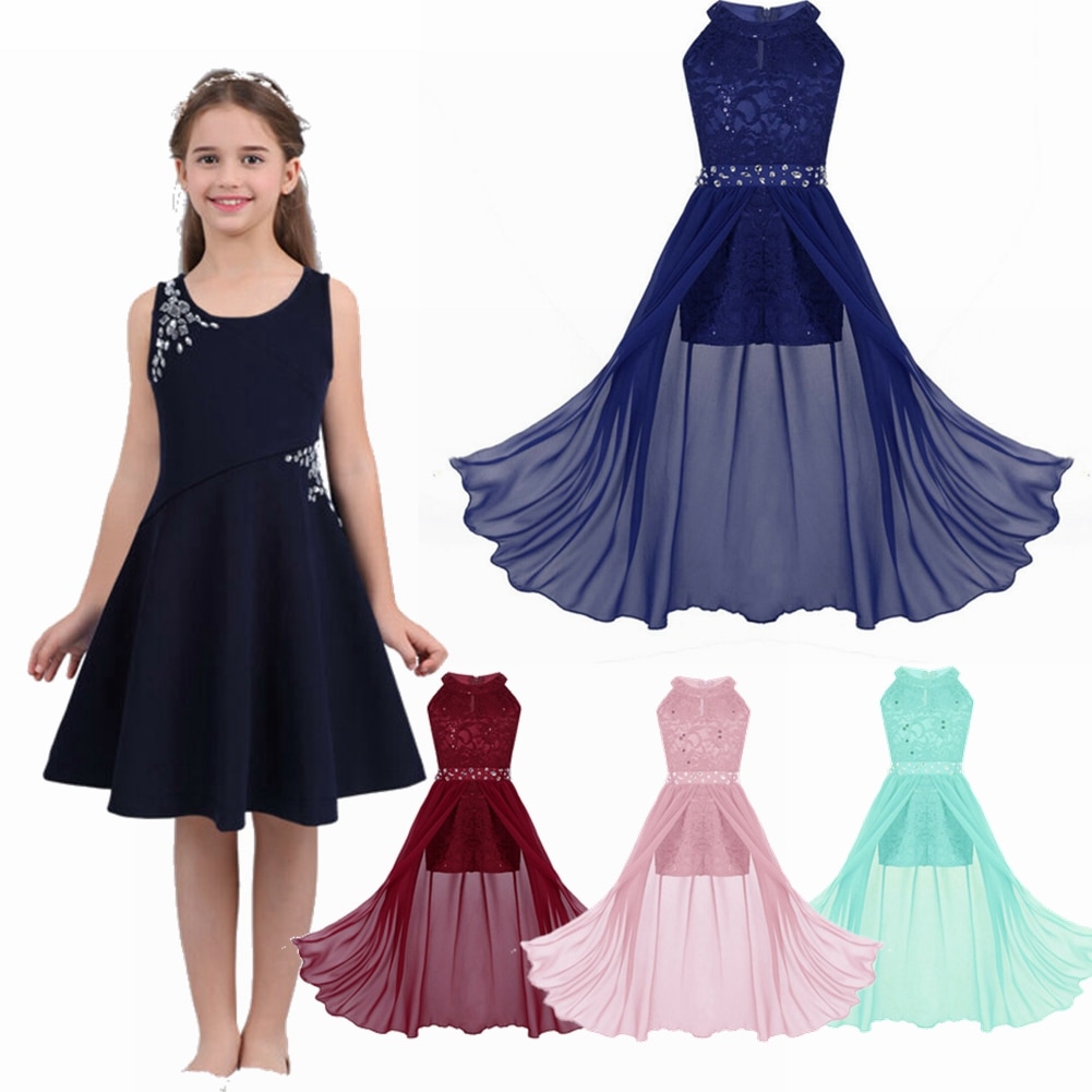 4-16Y Girls Dress Sleeveless Floral Lace Rhinestone Maxi Romper Dress For School Dance Birthday Party Dress Wedding 2022
