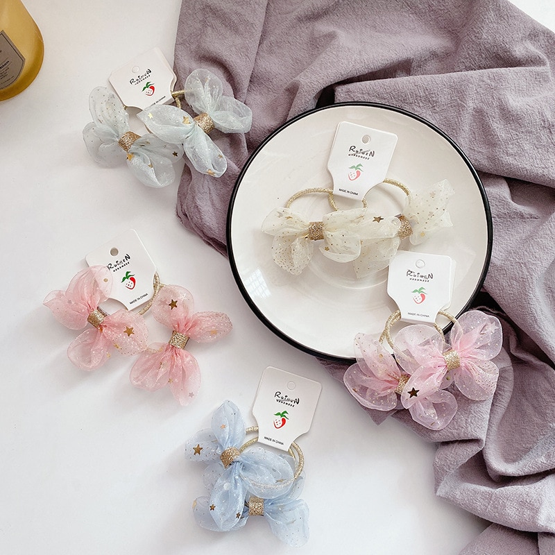 2023 New 2pcs Korean Sweet Bow Girls Elastic Hair Bands Lace Rope Hair Accessories Kids Lolita Accessories Girls Gifts