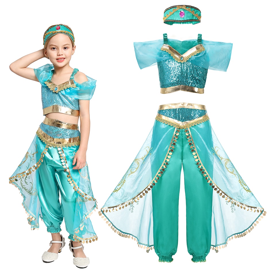 Disney Girl Jasmin Princess Dress Aladdin's Lamp Cosplay Costume Kids Halloween Christmas Fancy Dress set Girls Role Costum