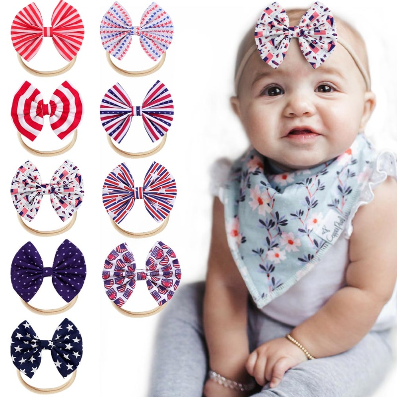 Nylon Headband for 4th of July Girls Bowknot Hair Band kids Headwear American Flag Hair Accessories American Flag Decor Party