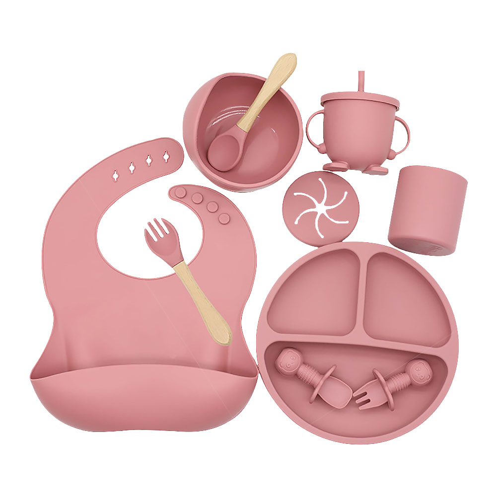 Baby Soft Silicone Tableware Set Baby Feeding Dishes Plate Sucker Bowl Bibs Spoon Fork Set Children Non-slip Dinnerware BPA Free