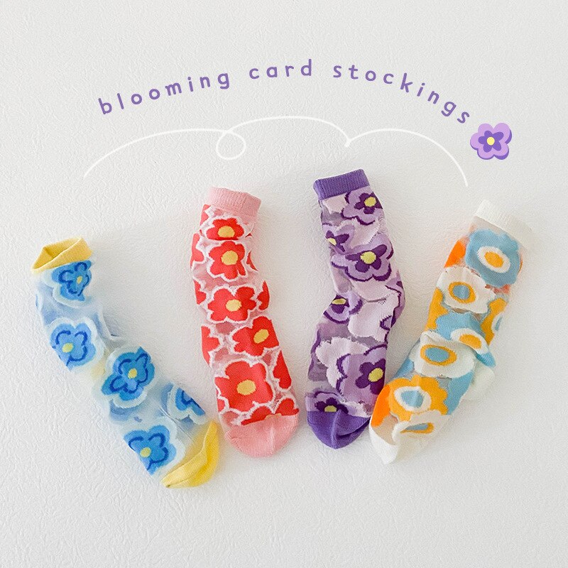 1-8 Year 4 Pairs 2022 summer color-blocking flower card crystal socks thin girls' socks