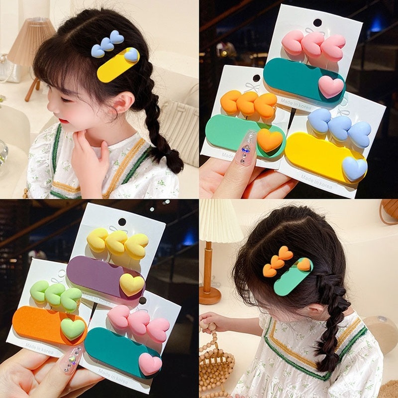 2pcs Korean Cute Baby Girls Hair Clips Macaron Colorful Kawaii Kids Princess Heart BB Clip Sweet Little Girl Hair Accessories