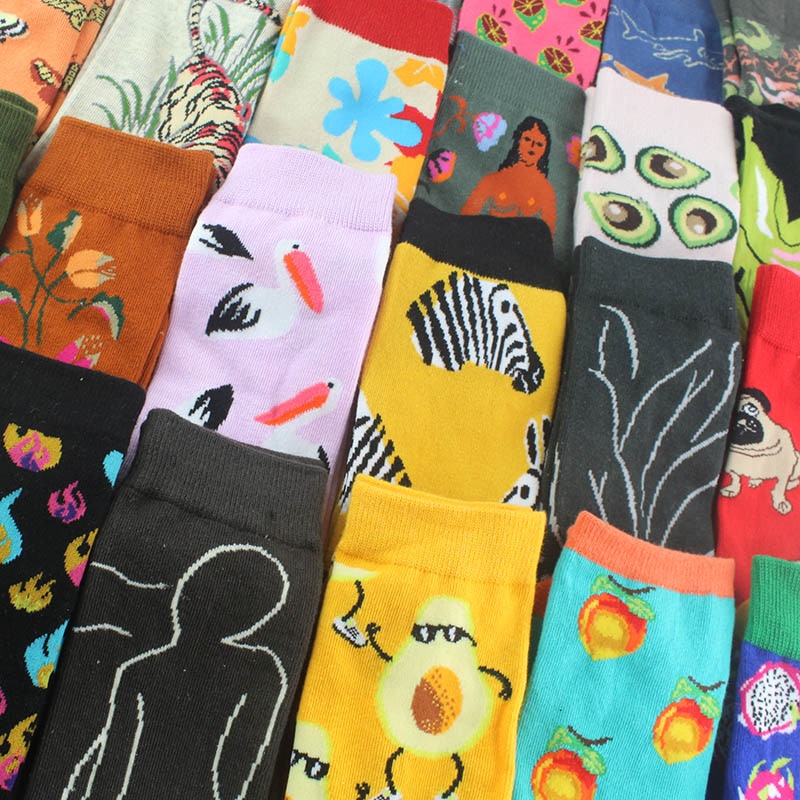 [WPLOIKJD]Cute Animal Funny Socks Women Novelty Creative Harajuku Sokken Peach Floral Bird Fruit Jacquard Art Meias Feminino
