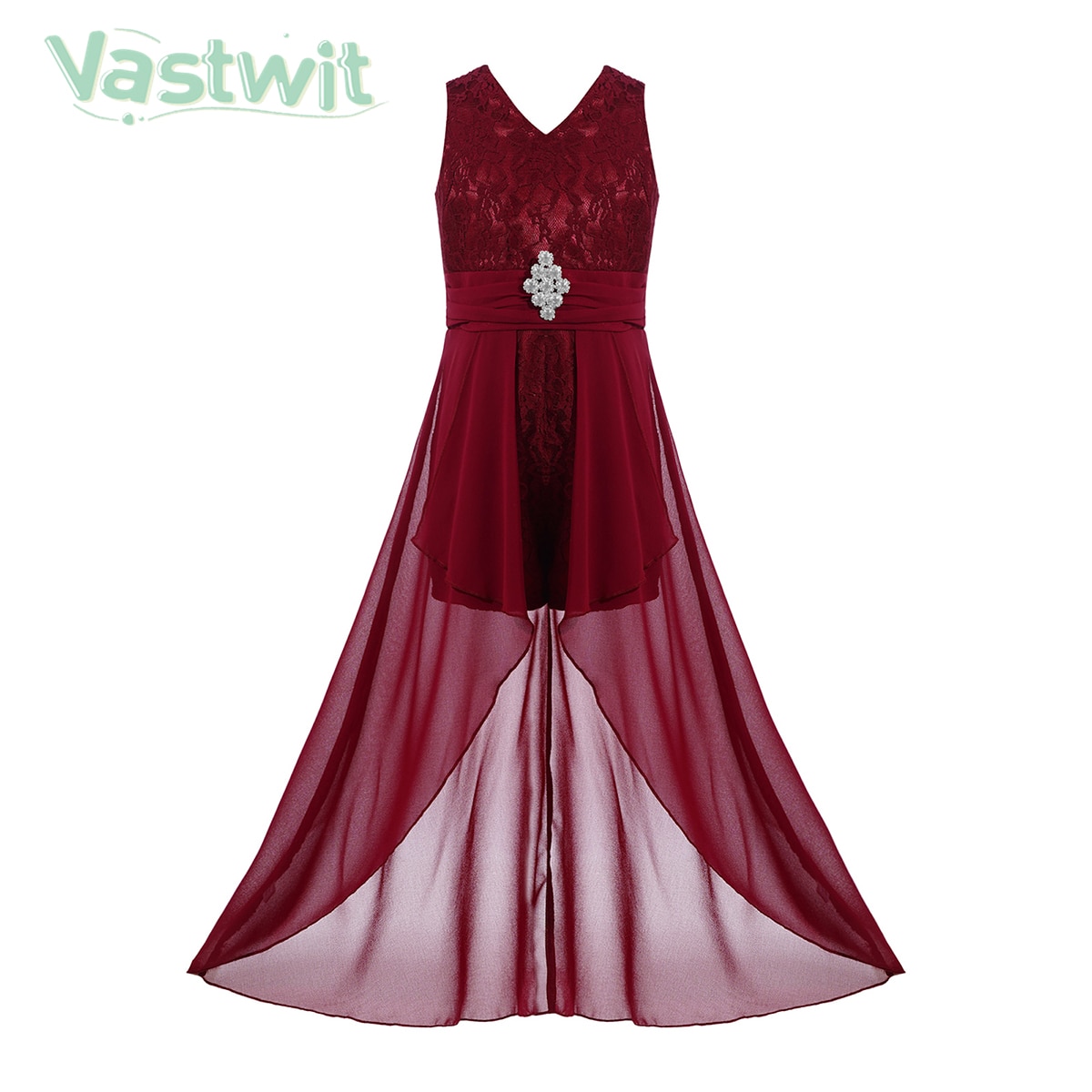Girls Sheer Lace Leotard Party Dress V Neck Sleeveless Chiffon Layered Dresses with Pin for Wedding Birthday Party Prom