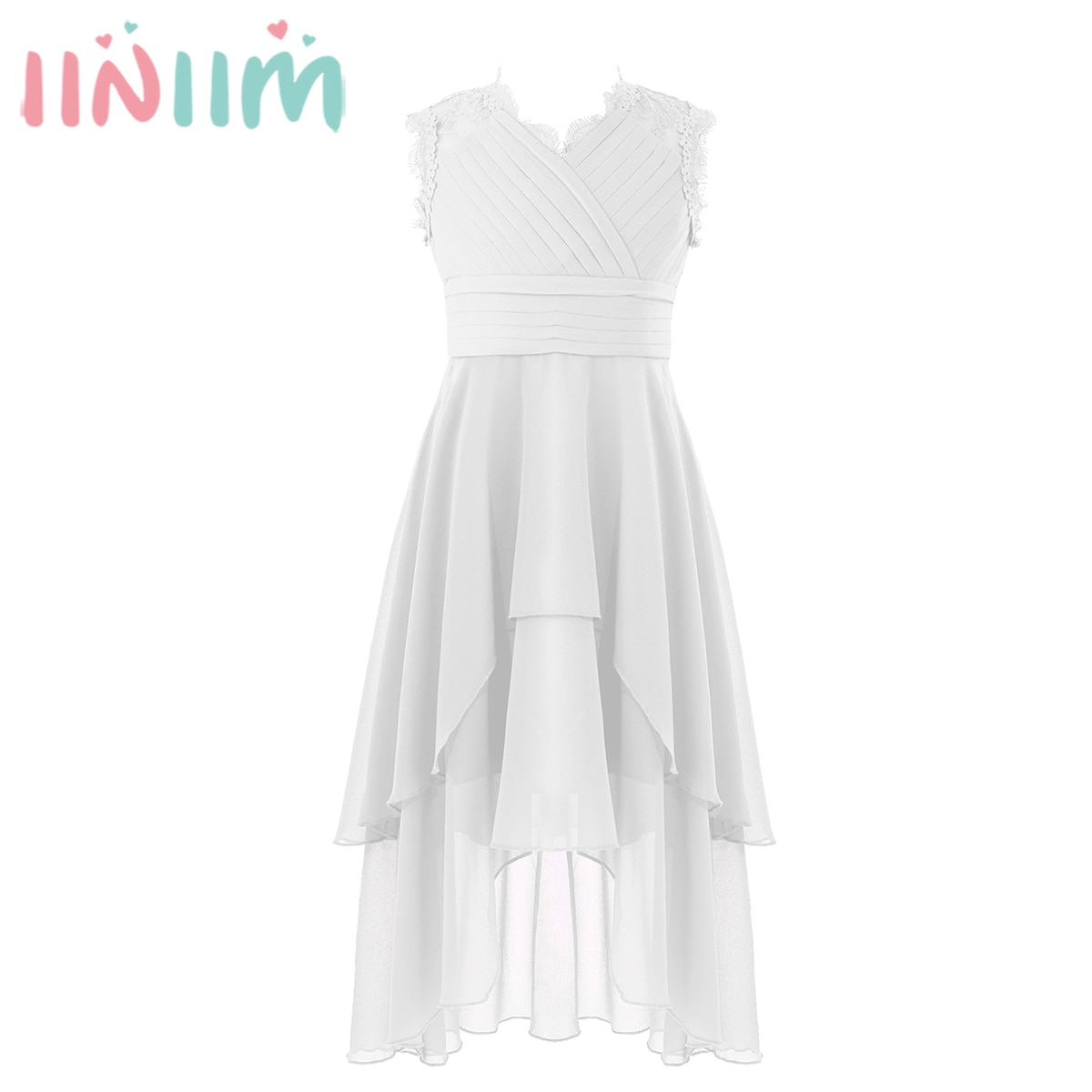 Kids Girls Lace Patchwork Chiffon Party Dress Pleated V Neck Asymmetrical Hem Hollow Out Dress for Birthday Wedding 4-14 Years