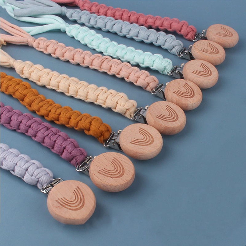 Hand Braided Cotton Cloth Pacifier Chains Handmade Wooden Pacifier Clips Safety Soft Baby Girl Boy Eco-friendly Holder Chain