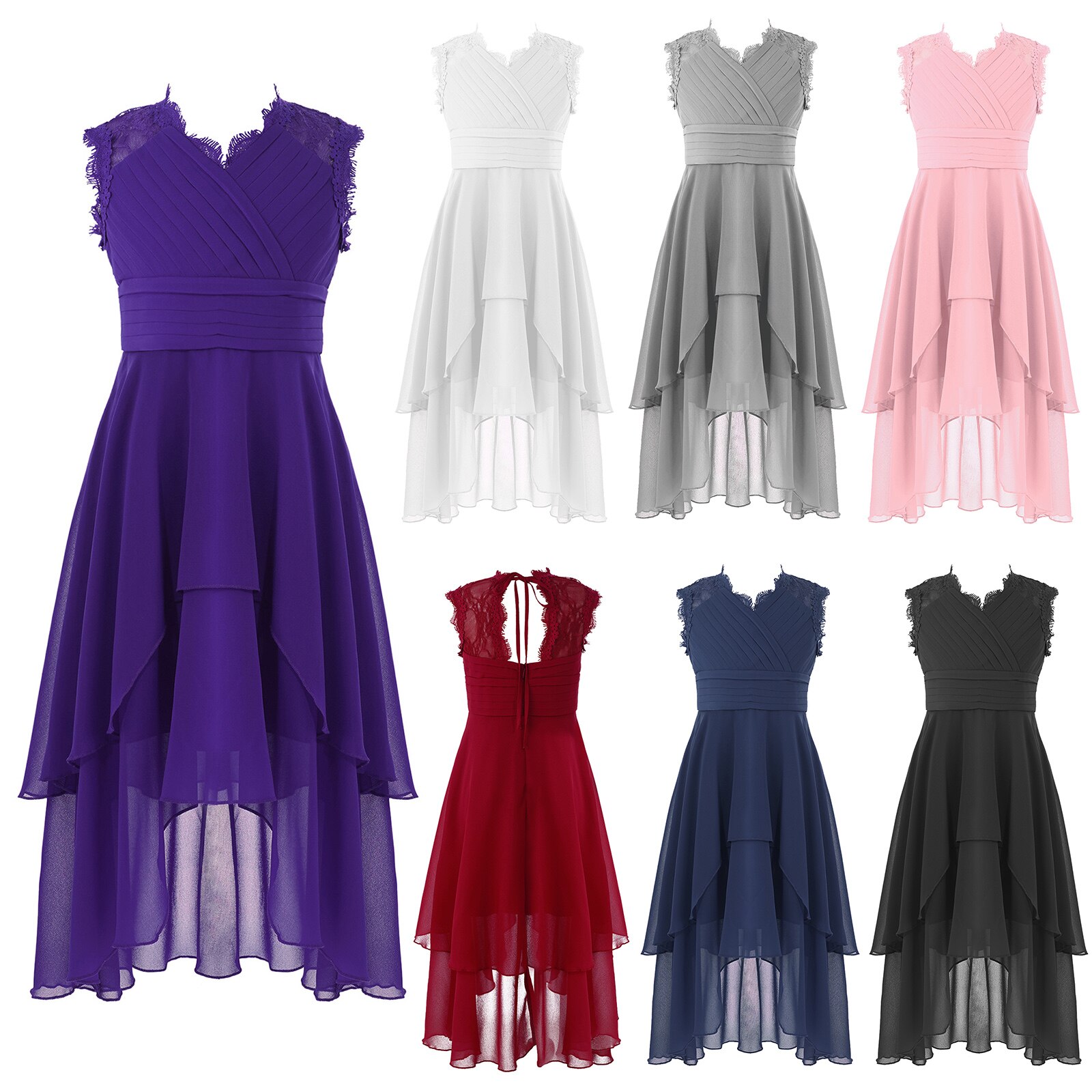 4-14Y Girls Lace Patchwork Chiffon Party Dress Pleated V Neck Asymmetrical Hem Hollow Out Dresses for Birthday Wedding Pageant