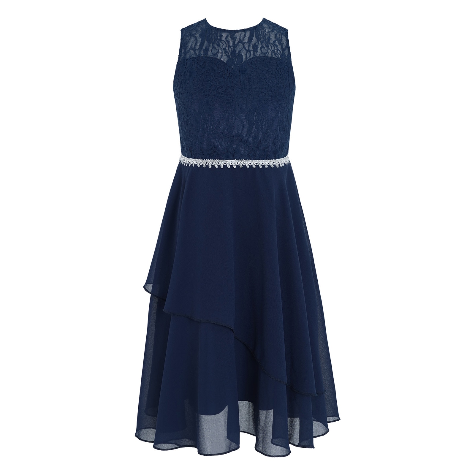 New Girls Elegant Lace Wedding Party Dress Sleeveless Backless Shiny Trim Chiffon Princess Dress for Birthday Pageant Prom