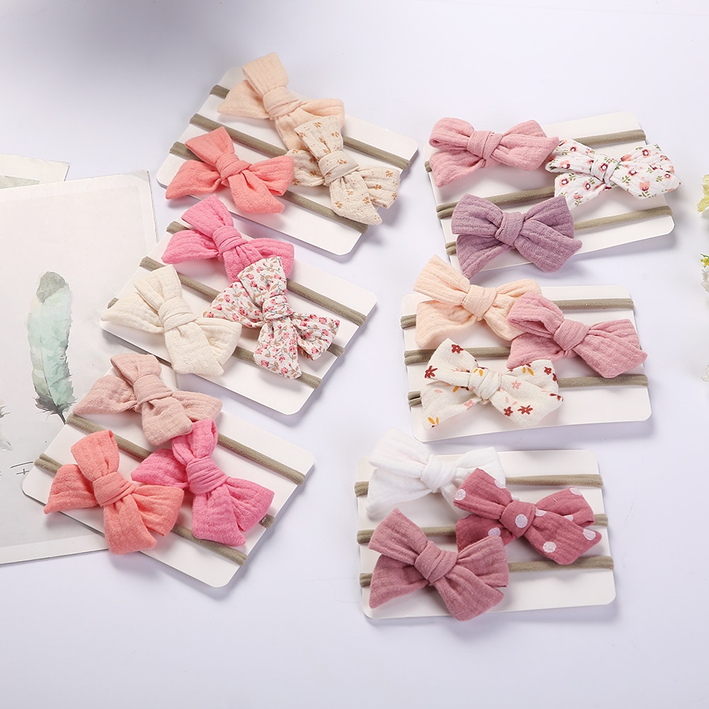 3Pcs/Set Muslin Cotton Baby Girl Headband Cute Hair Bow Tie Elastic Band Sunflower Rainbow Print Headwraps Korea Infant Headwear