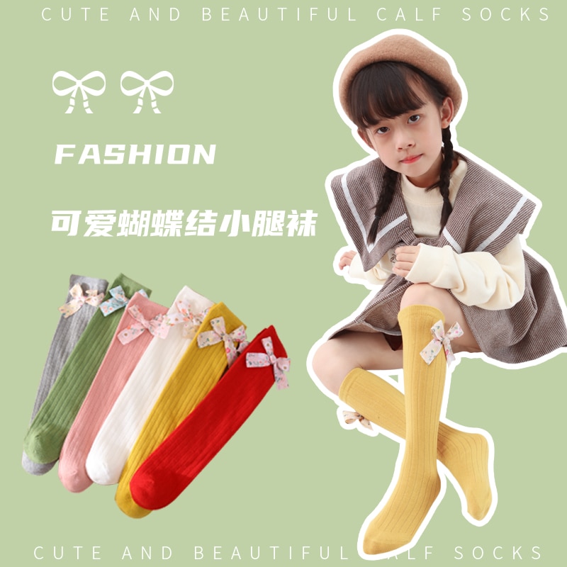Infant baby kids over keen high long socks striped Cotton Floral Retro Bowknot Fashion Sweet princess girls Child Calf Socks