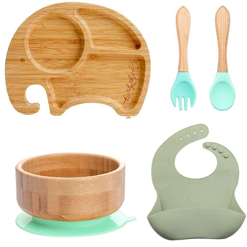 5Pcs/Set Baby Feeding Bowl Dinner Plate Bib Fork Spoon Kids Feeding Cartoon Tableware Bamboo Wood Non-slip Children's Table