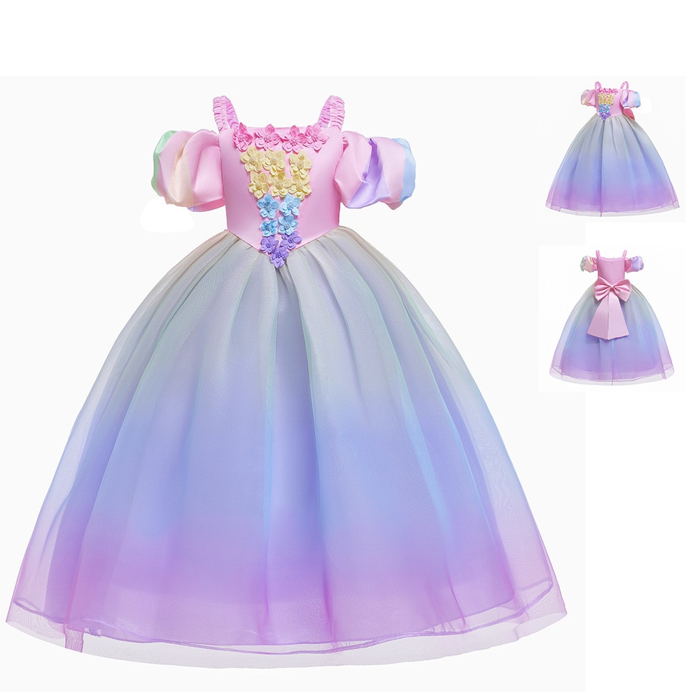 Girl Princess Dress Rapunzel Princess Colorful Flower Gradient Dress Childrens Party Birthday Cosplay Dress Colorful Gauze Skirt