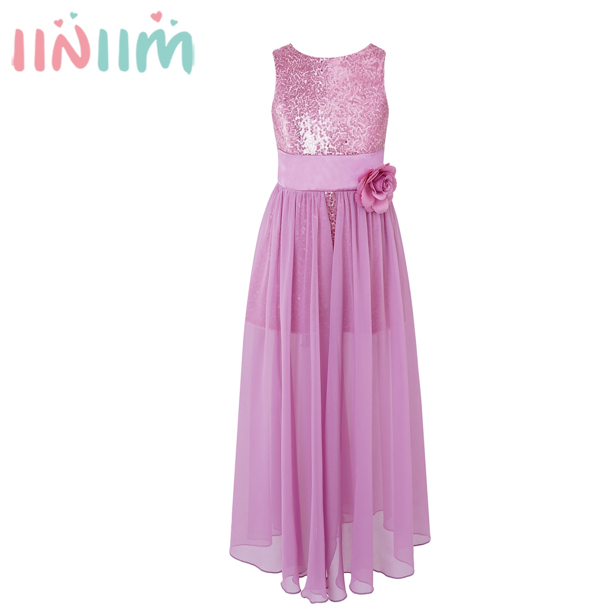 Girls Shiny Sequin Flower Party Dress Leotards Sleeveless Chiffon Skirt Jumpsuit Floor-length Formal Dress for Wedding Birthday