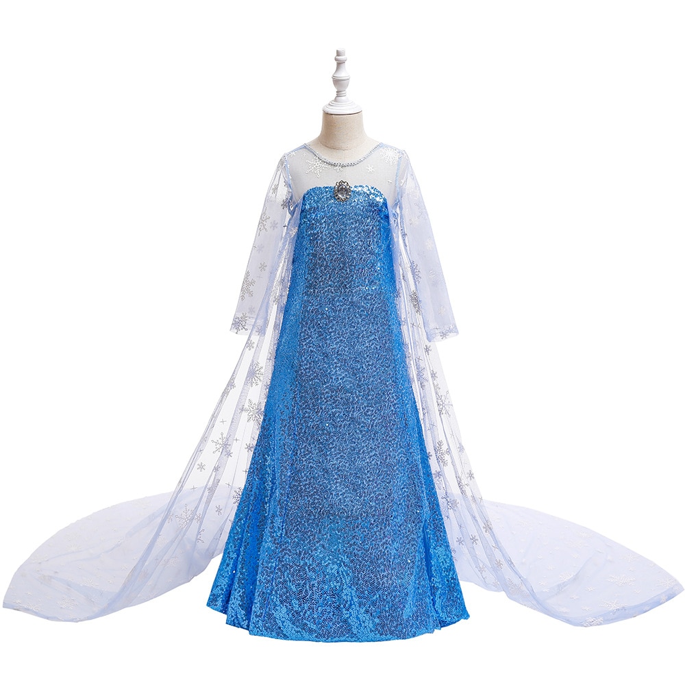 Frozen Aisha Children's Dress Princess Mesh Sequin Dress Girls Snow Queen Elsa Dress Snowflake Long Cape Party Cosplay Skir
