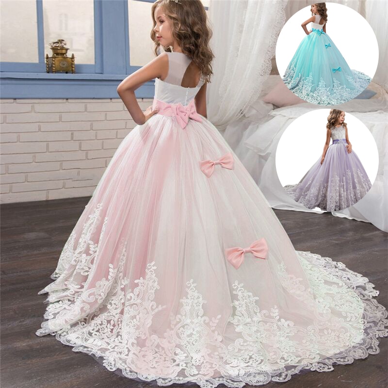 Teen Girls Bow Gown for Wedding Kids Girl Evening Prom Dress Lace Sleeve Backless Dresses for Children Girl Brithday Wear