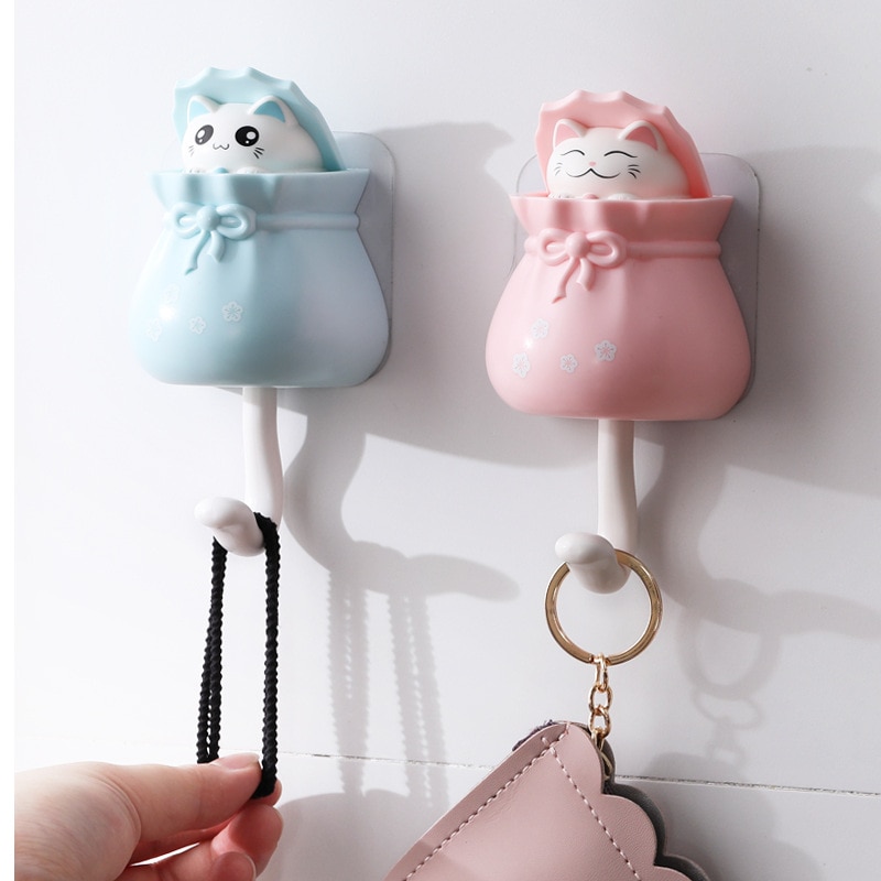 Creative Lucky Cat Home Decor Hooks Key Holders Wall-Mounted Adhesive Hangers Hat Racks Sundries Storage Accessories