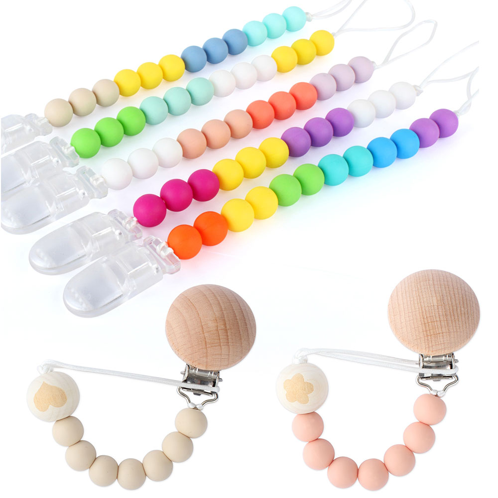 Baby Pacifier Chain Wood Silicone Food Grade Bead Wooden Plastic Clip Handmade Baby Nipple Dummy Holder Clips Teether Necklace