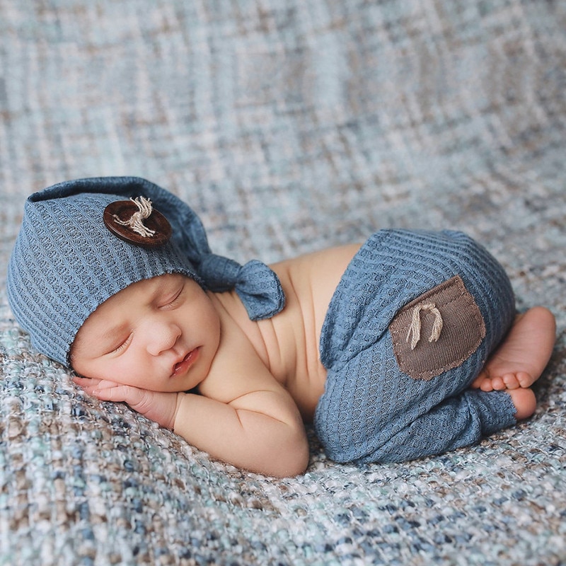 6 Colors Newborn Photography Props Baby Pants Long Tail Knot Hat Set Knitted Trousers Beanies Cap Kit for Infants