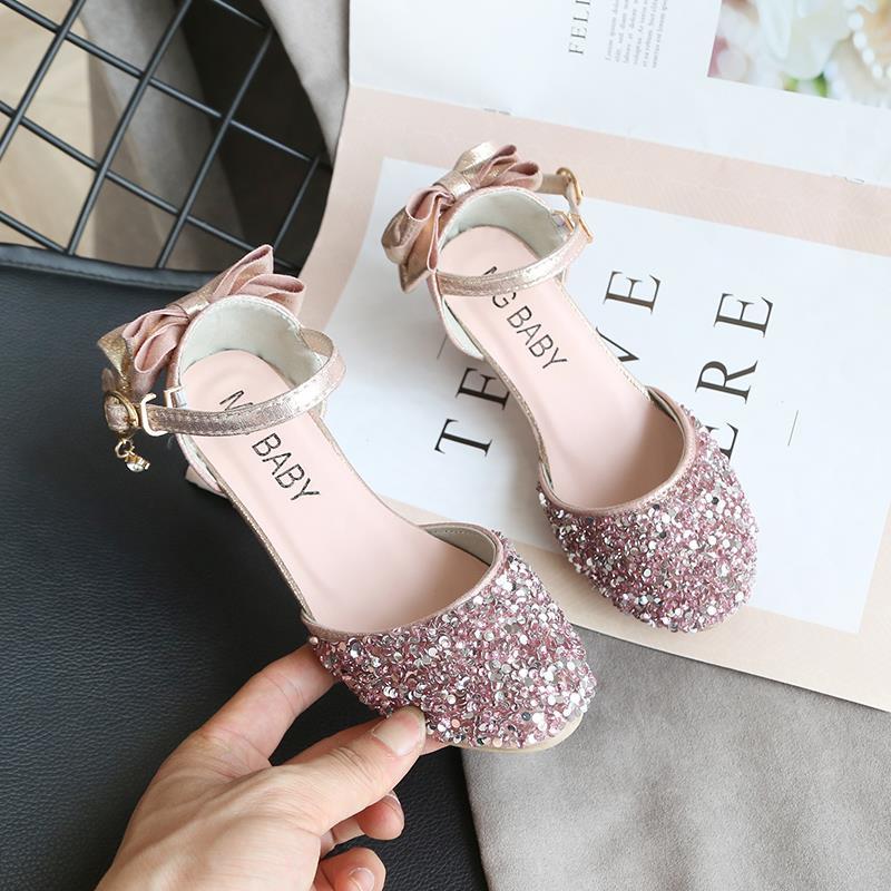 Fashion Girls High Heels Pageant Party Shoes Silver Pink Glitter Princess Single Shoes Chic Dance Shoes Kids Girl Spring Sandals