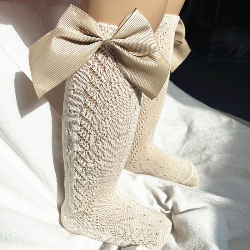 0-5 Years Summer Kids Socks Stripe Big Bow Toddlers Girls knee High Long Sock Soft Cotton Hollow Out Baby Socks Mesh Girl Socken