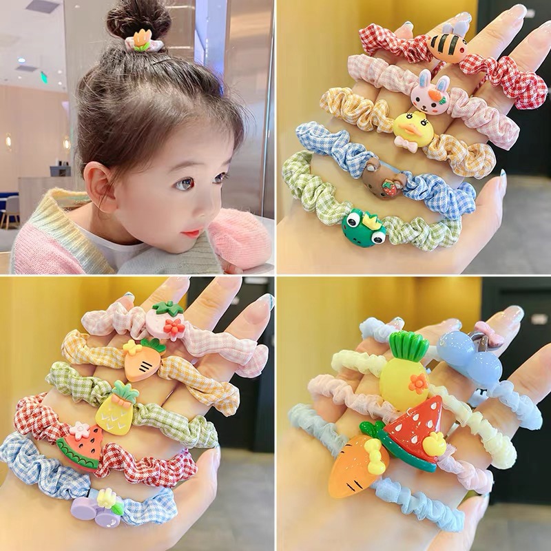 10PCS Children's Cartoon Scrunchie Fabric Plaid Large Intestine Kids Hair Bands Headband Headwear Styling Tools Girls Hair 