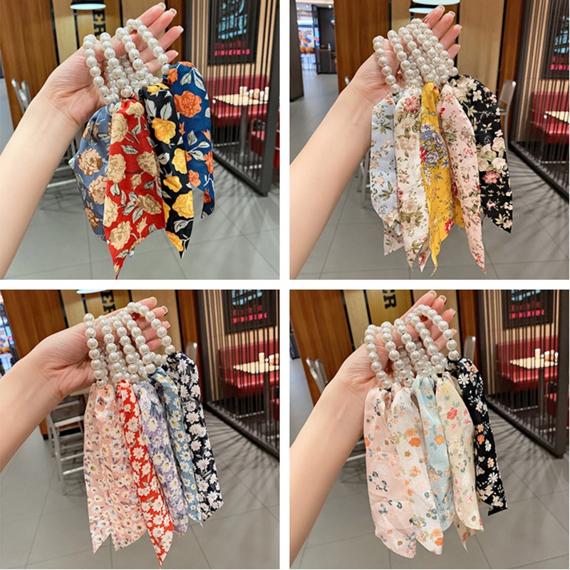 5pcs Japan Floral Print Pearl Hair Bands Bow Ribbon Headwear for Women Girls Hair Tie Girls Hair Accessories Wholesale