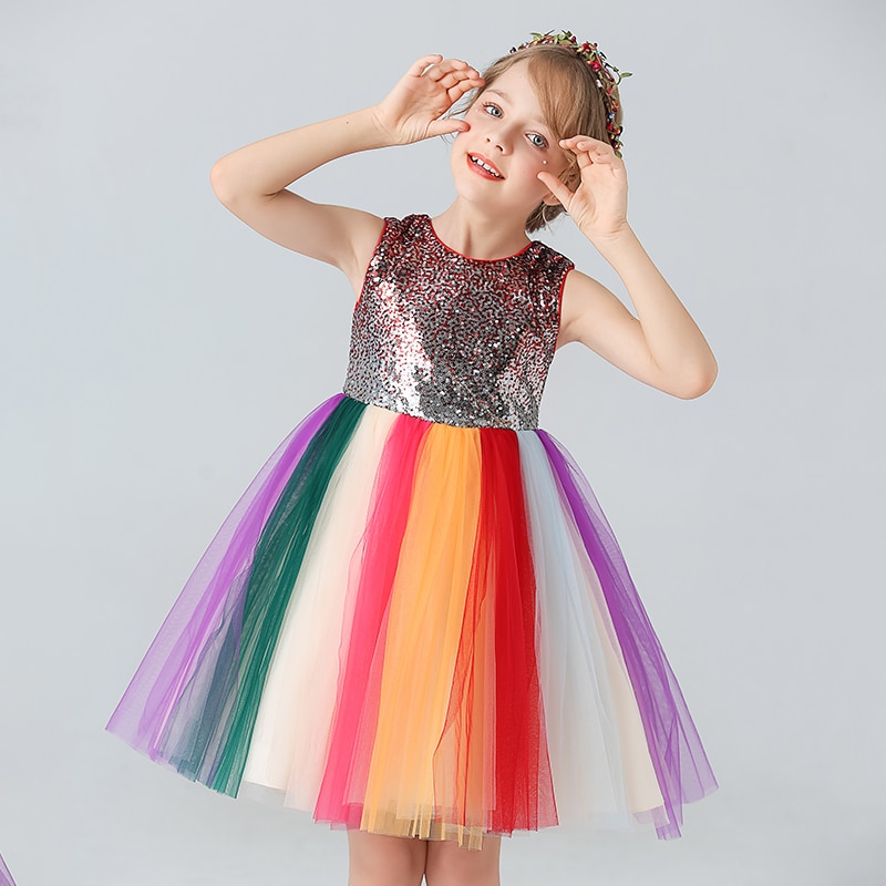 Evening Dresses For Girls 2022 Summer New Style Sequined Rainbow Mesh Hem Sleeveless One-piece Skirt For Party Wedding