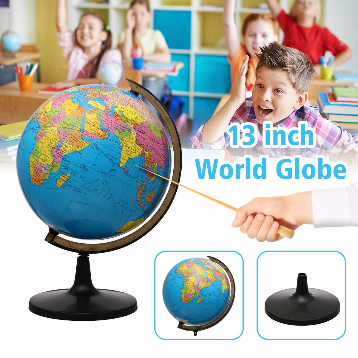 13in/33cm 360° Rotating Student Globe Geography Educational Decoration Children Learn Large Globe World Earth Map Teaching Aids