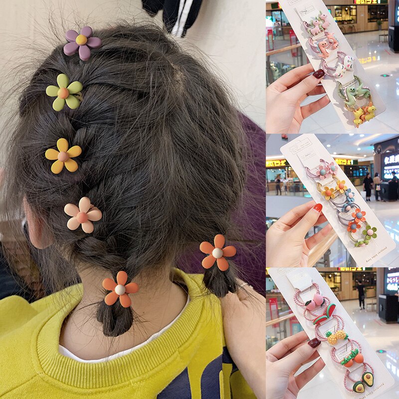 10Pcs/Set Cute Cartoon Flower Mini Scrunchie Children Girls Elastic Hair Rubber Bands Accessories Tie Hair Ring Rope Headdress