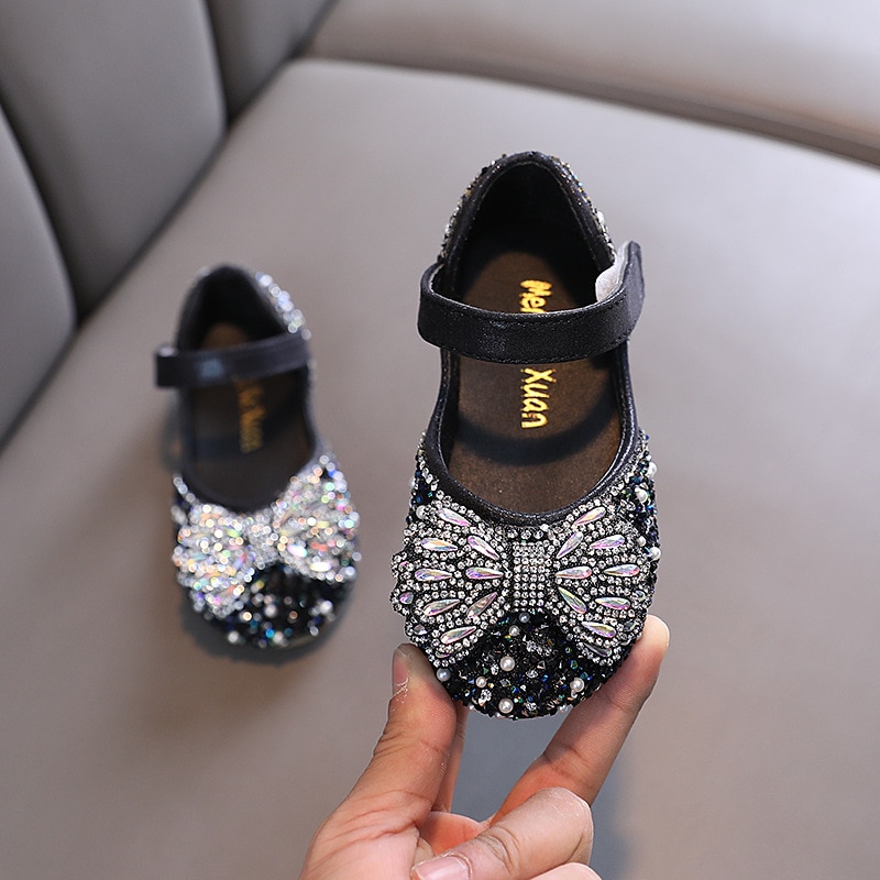 Little Girls Leather Shoes Children's Rhinestone Bowtie Princess Dress Shoes Kids Casual Flats Party Show Shoes Size 21-36