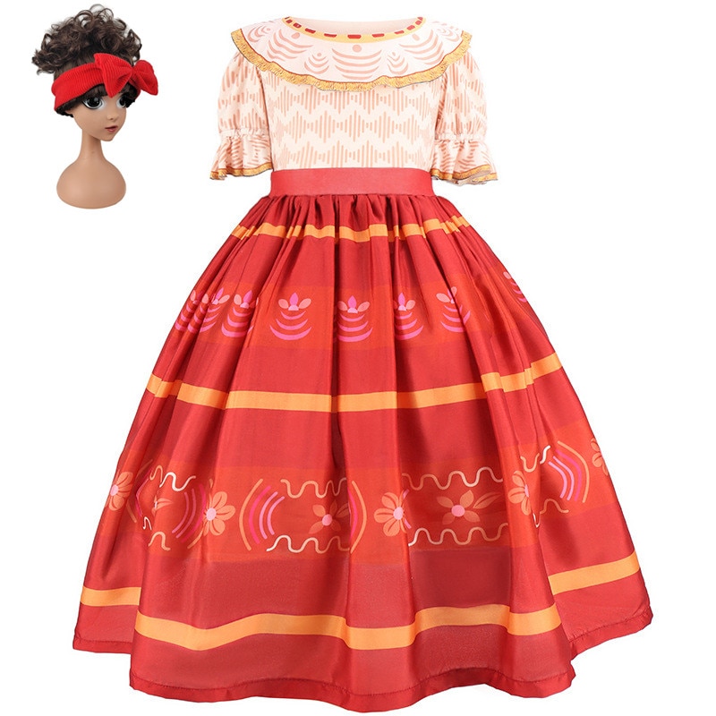 High Quality Girls Encanto Dolores Cosplay Charm Dress Halloween Costumes Children Puff Sleeves Summer Long Dress With Wig