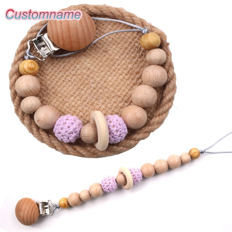 1Pcs Baby Custom Name Pacifier Clip Silicone Bead Beech Bead Pacifier Chain Infant Nipple Appease Soother Chain Clips Dummy Gift