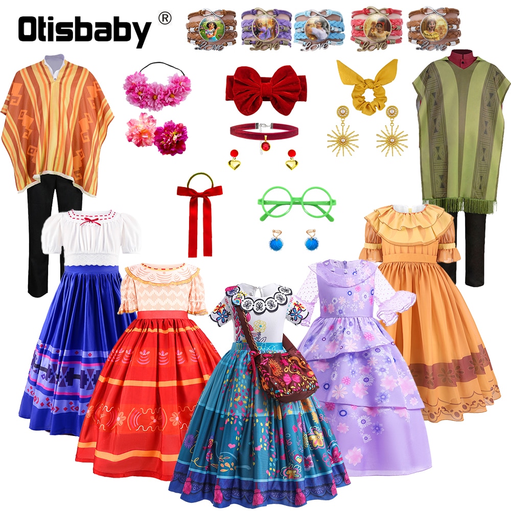 Halloween Encanto Girls Mirabel Dress Birthday Flower Purple Isabela Dresses Boys Camilo Bruno Cosplay Costume Necklace Earring